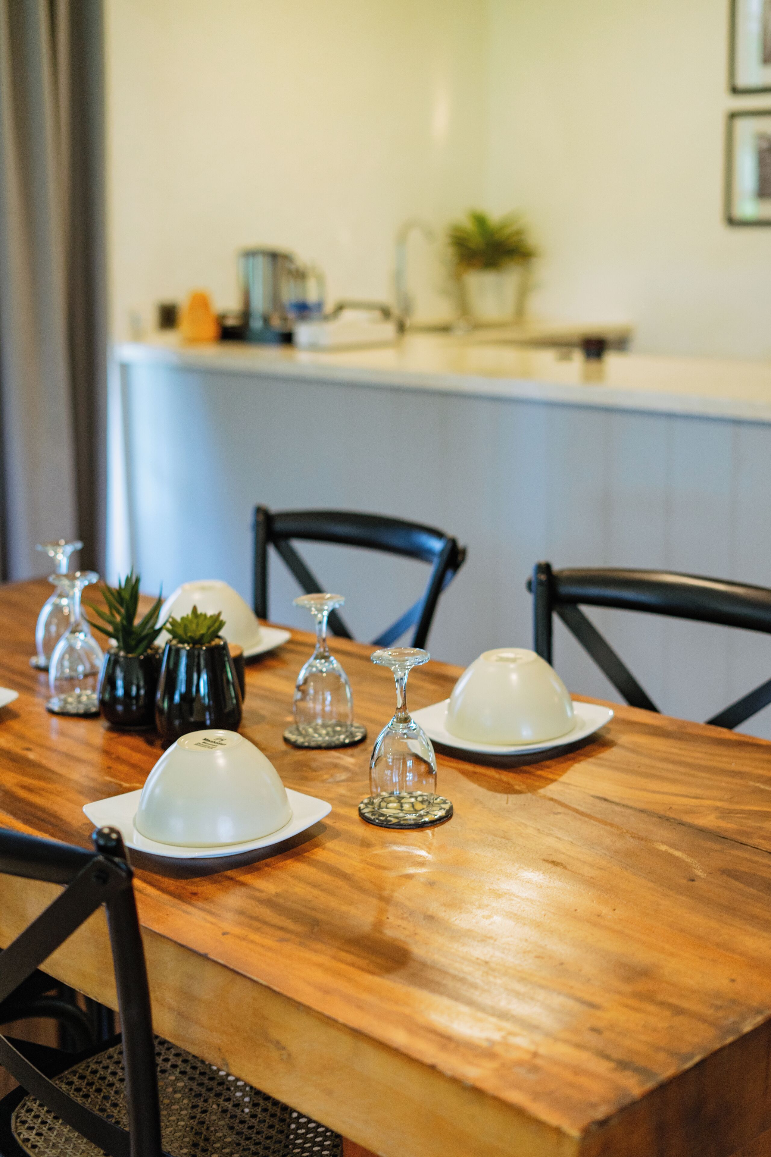 A dining table set with white plates, glassware, and small potted plants.