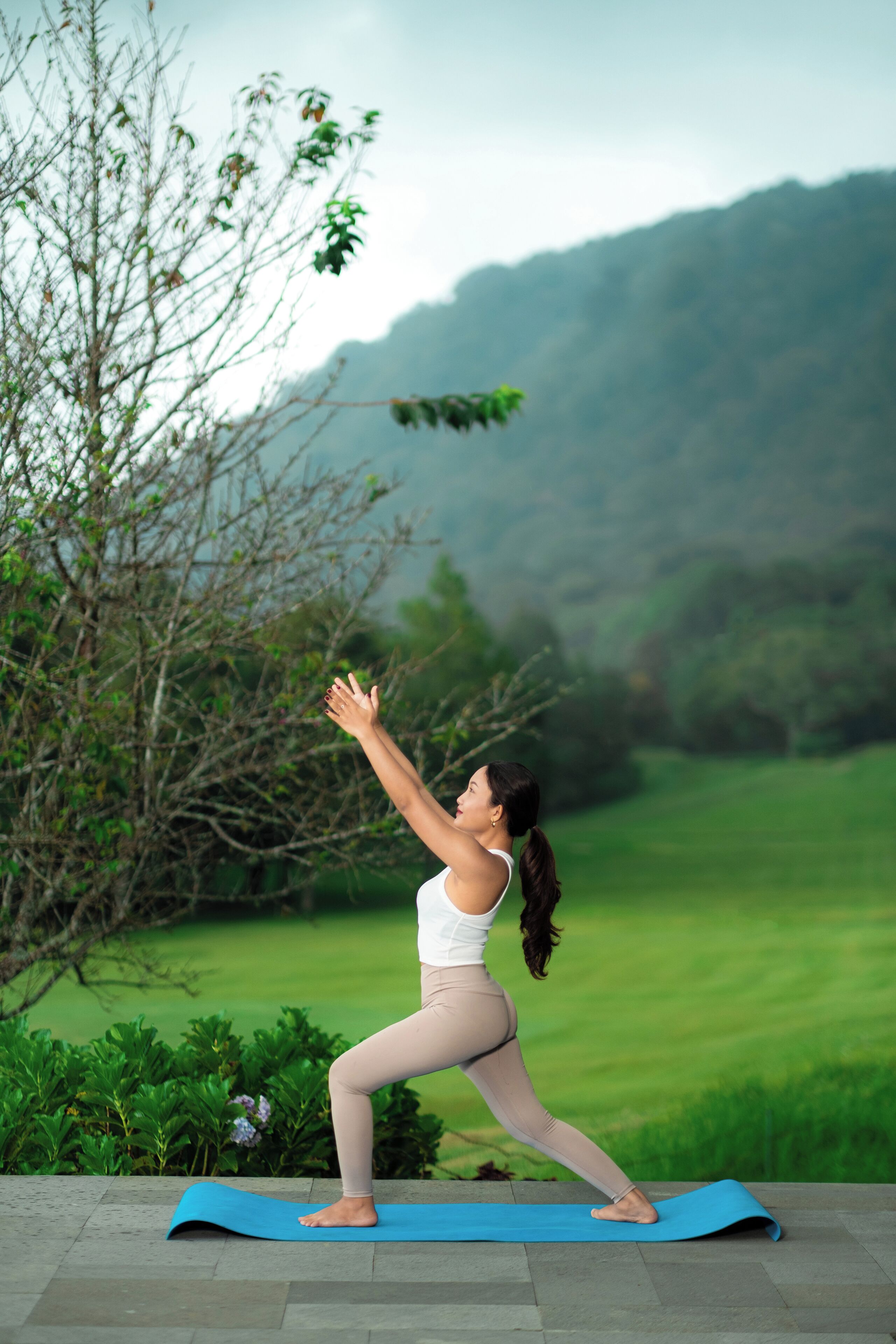 A person practicing yoga on a mat outdoors with a natural landscape in the background.