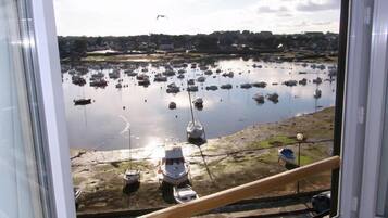 A view of a marina with numerous boats docked, a sandy shore, and a distant shoreline with buildings.