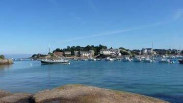 A coastal town with a marina filled with boats, buildings along the shore, and rocky terrain in the foreground.