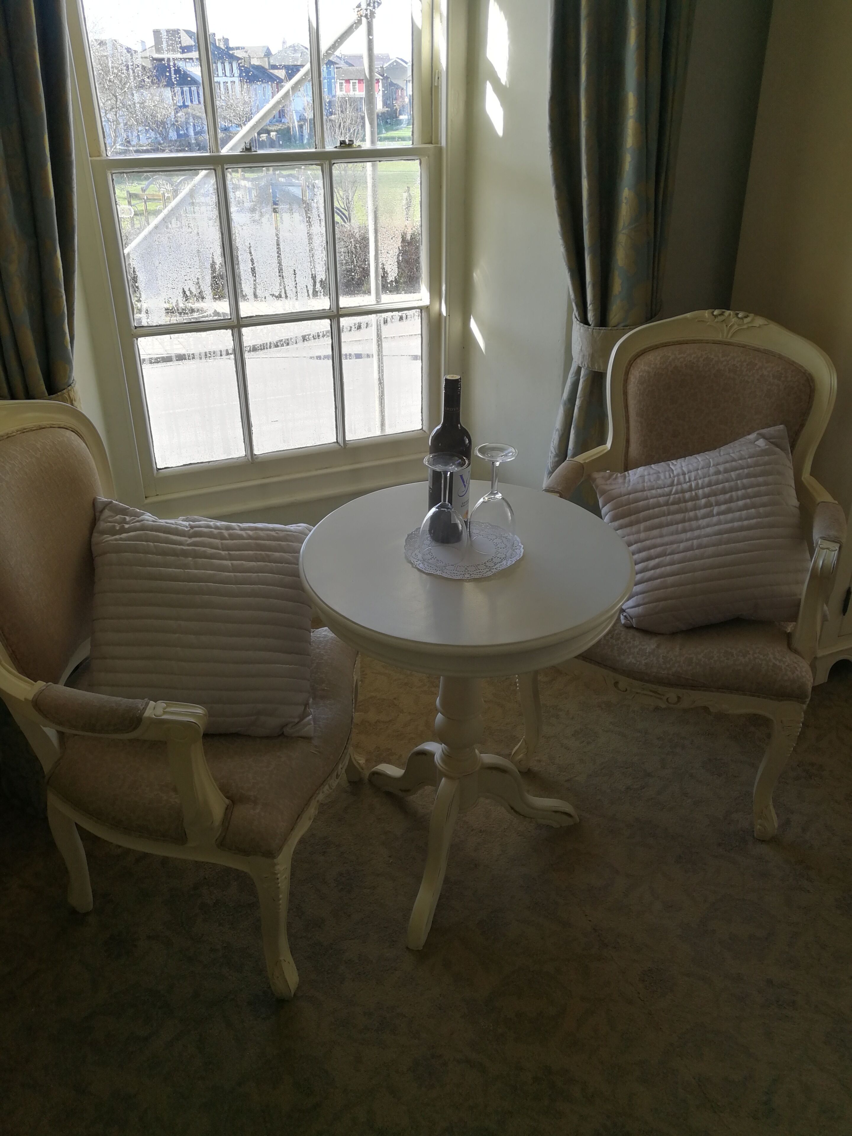 premium bedding, desk, laptop workspace, blackout curtains