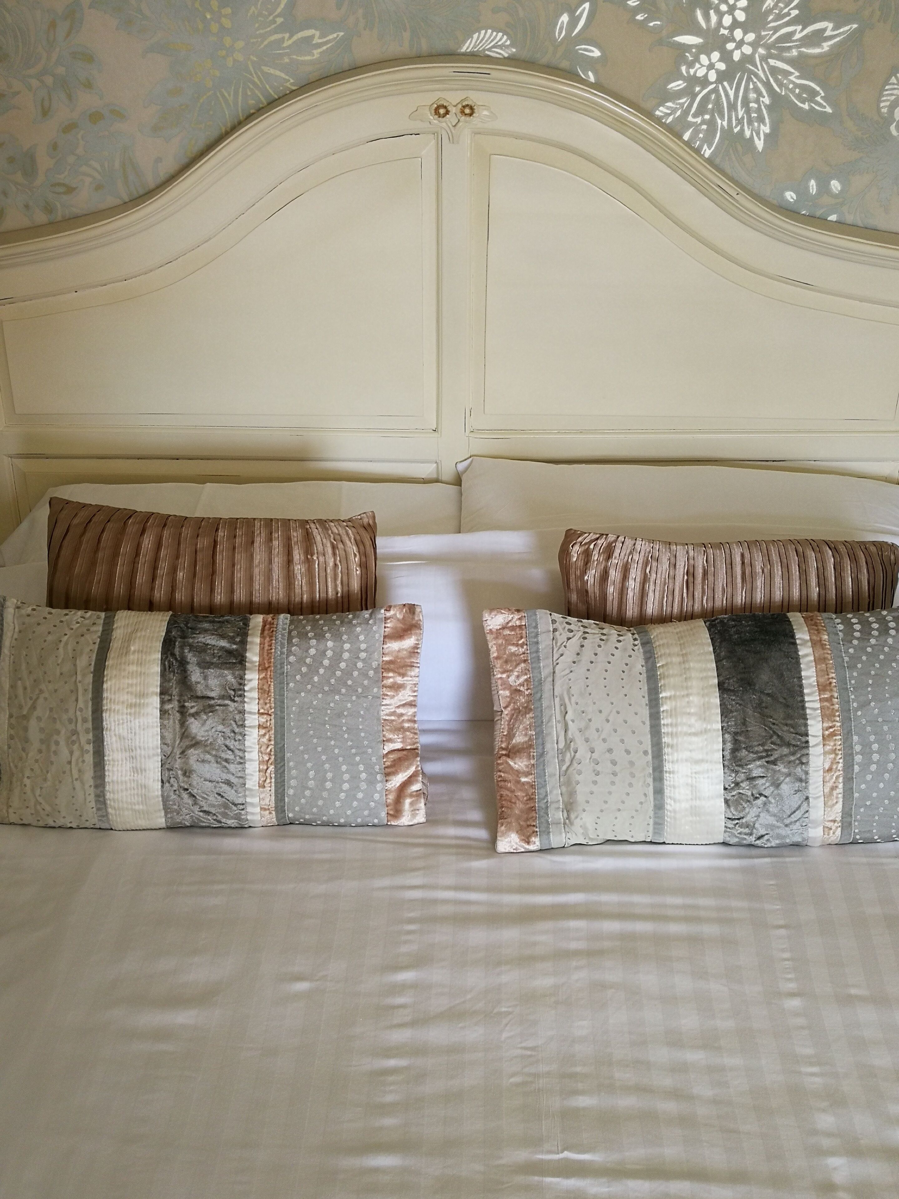 premium bedding, desk, laptop workspace, blackout curtains