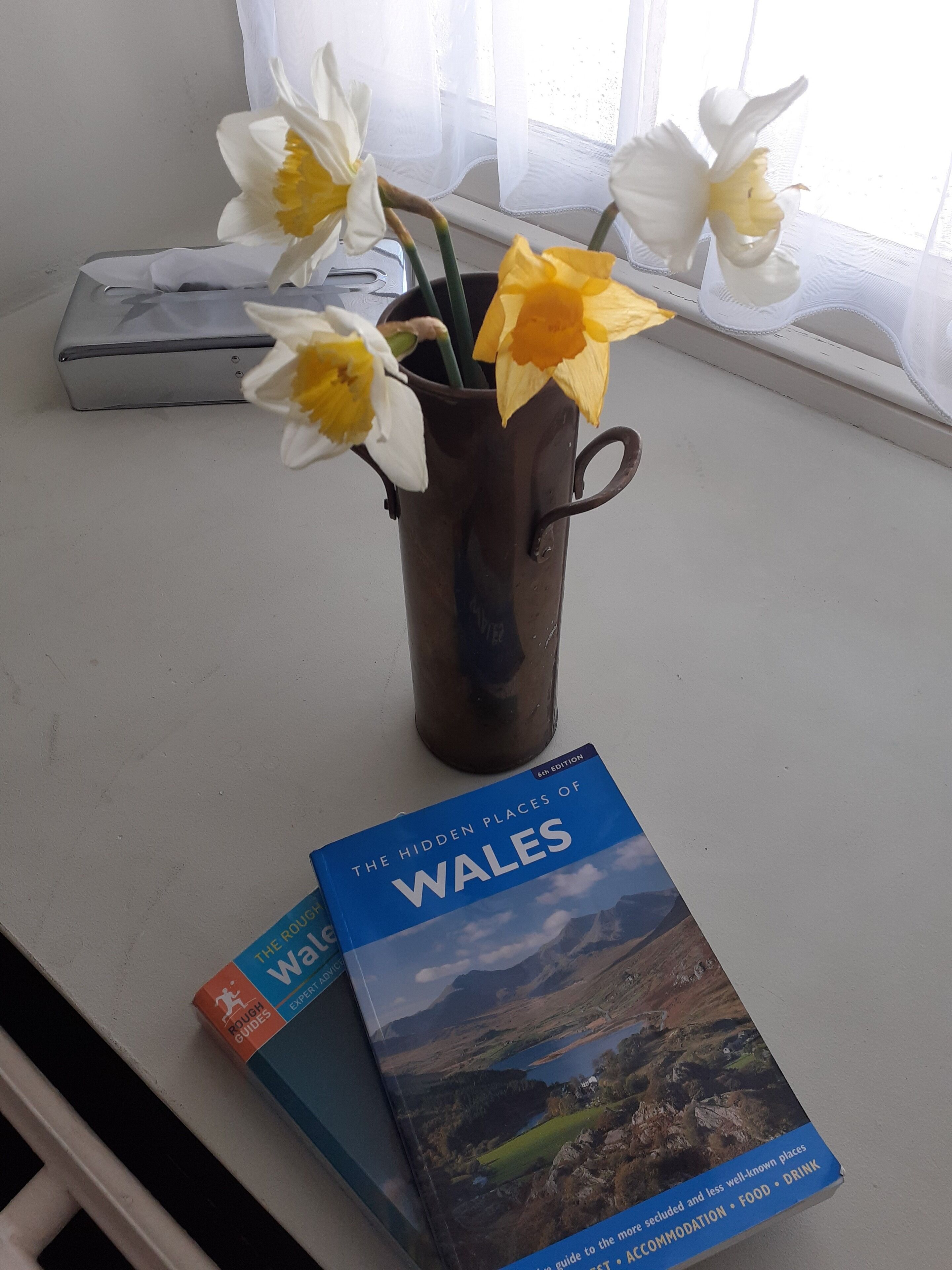 En bog med titlen "De Skjulte Steder i Wales" på et bord ved siden af en vase med påskeliljer.