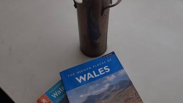 En bog med titlen "De Skjulte Steder i Wales" på et bord ved siden af en vase med påskeliljer.