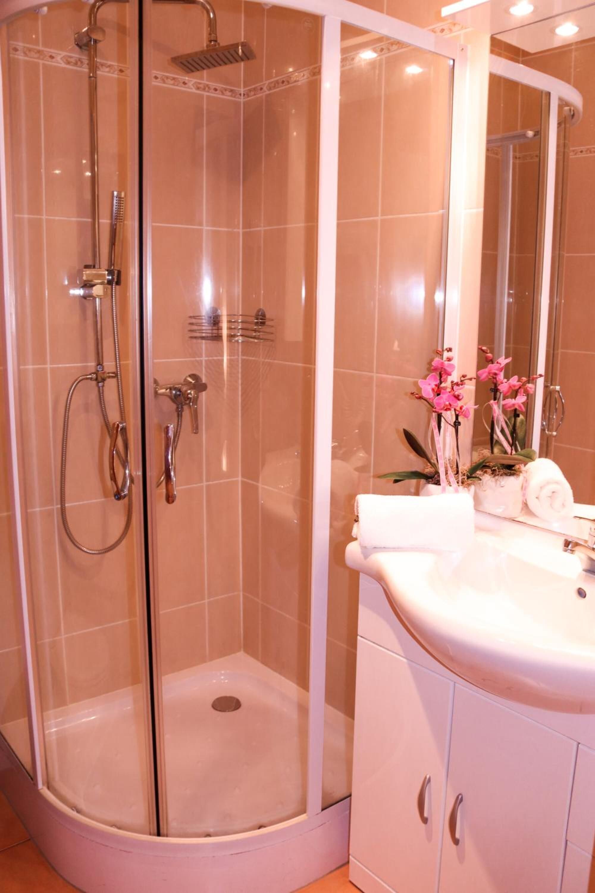 Shower, rainfall showerhead, free toiletries, hair dryer