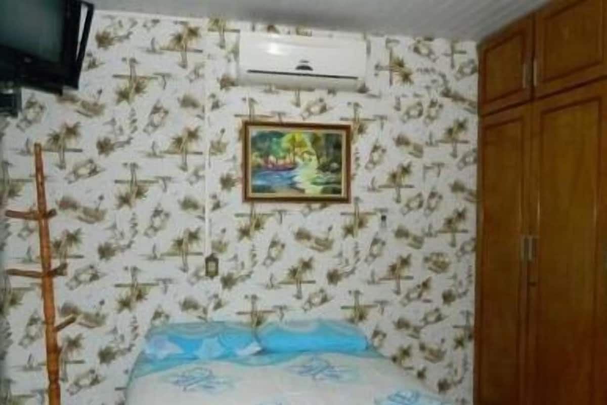 Une chambre à coucher avec un papier peint à motifs, un lit recouvert d’une couvre-lit bleue et blanche, une armoire en bois et un téléviseur fixé au mur.