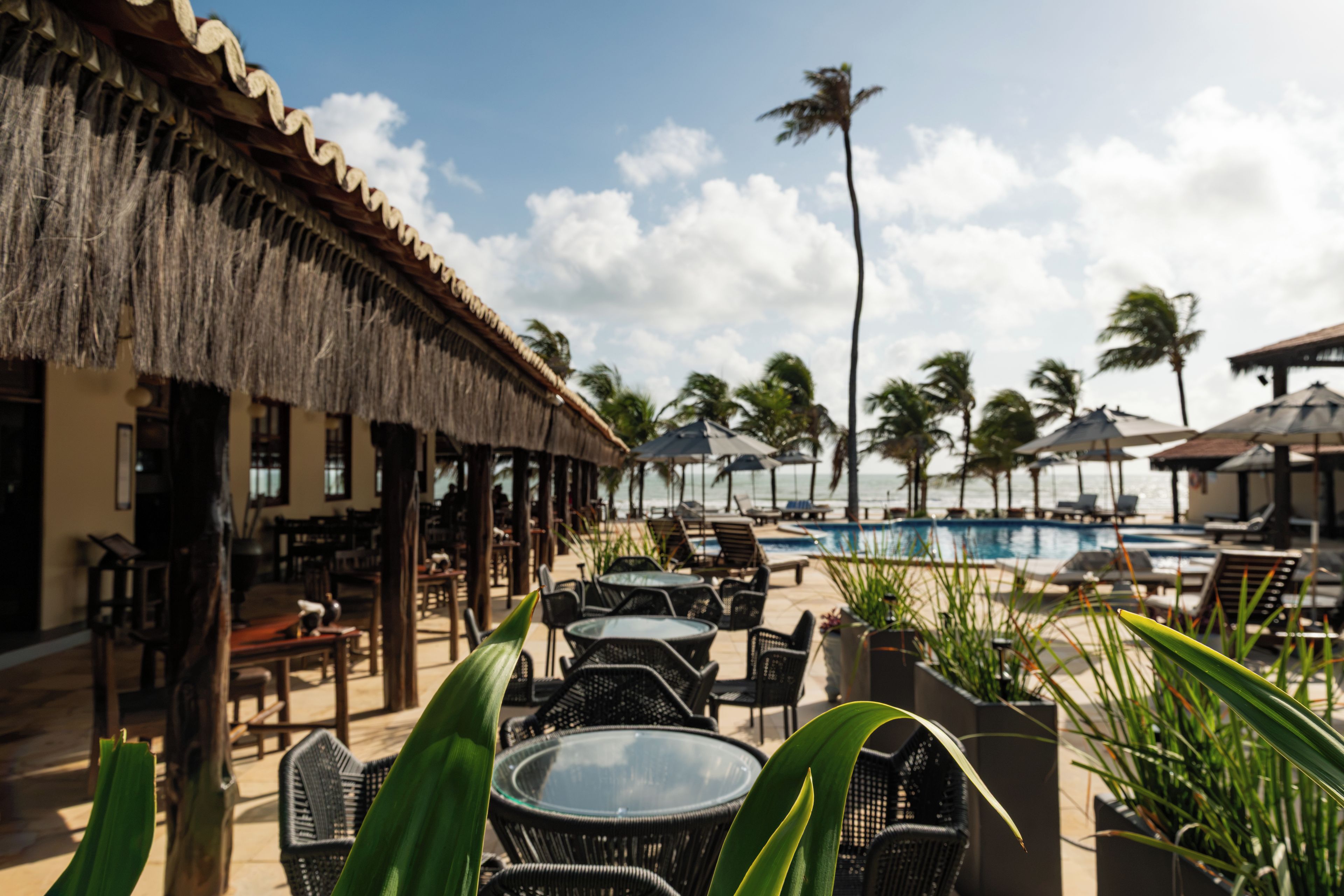 A poolside area with thatched-roof structures, lounge chairs, and a clear view of the pool.