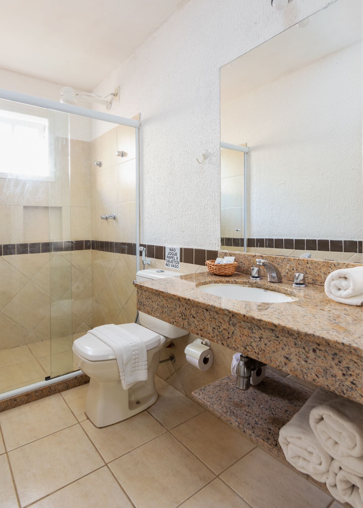 A bathroom with a glass shower enclosure, a toilet, a sink with a granite countertop, and a large mirror.