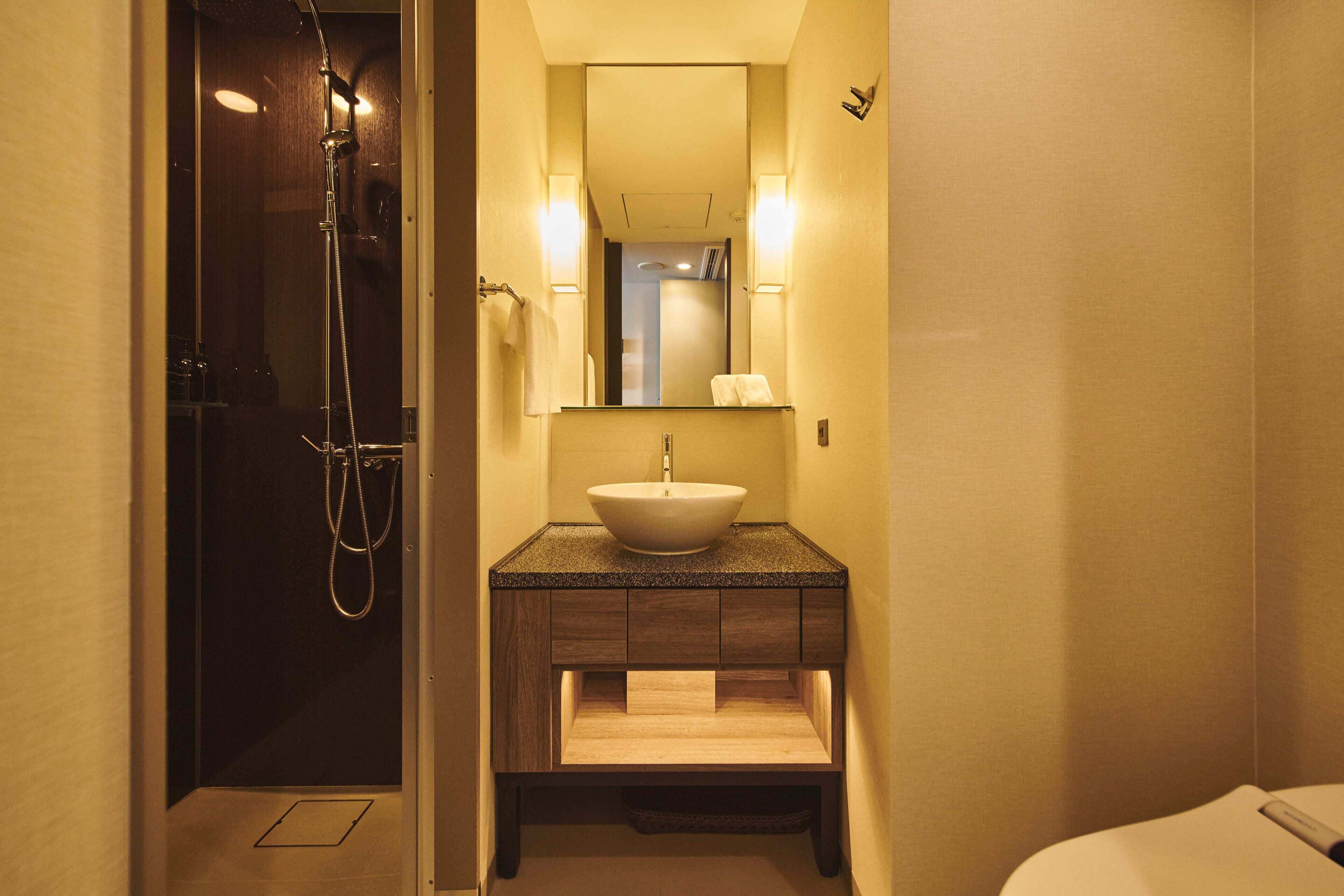 A bathroom with a shower, a sink, and a mirror.