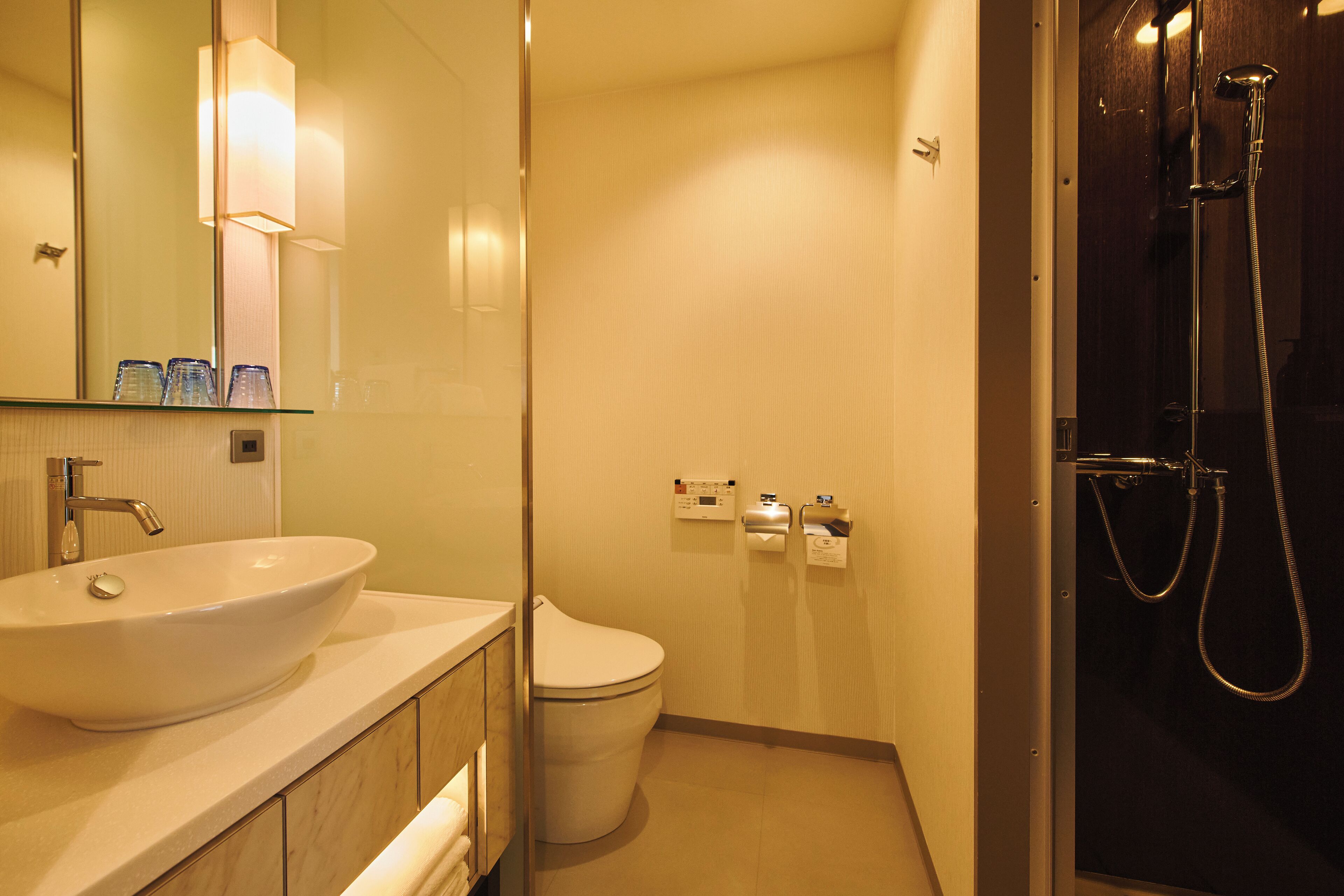 A bathroom with a large white sink, a toilet, and a shower area.