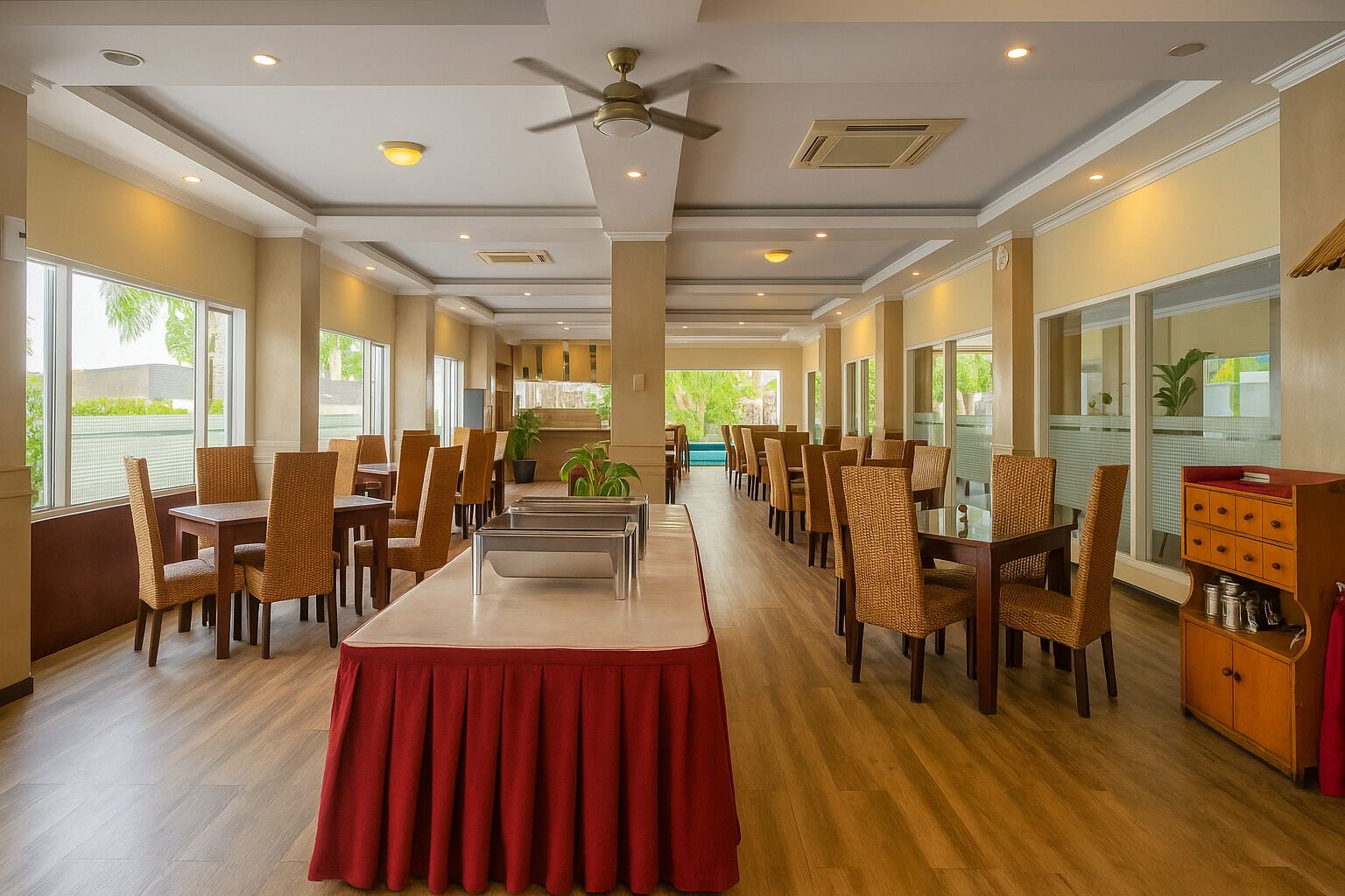 A spacious dining area with high ceilings, large windows, and wicker chairs.