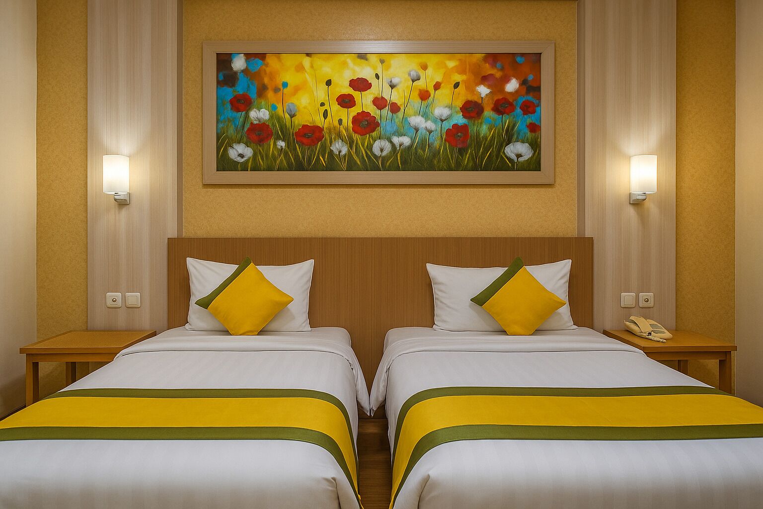 A hotel room with two beds, each with white bedding and yellow accents, a painting of flowers on the wall, and bedside lamps.