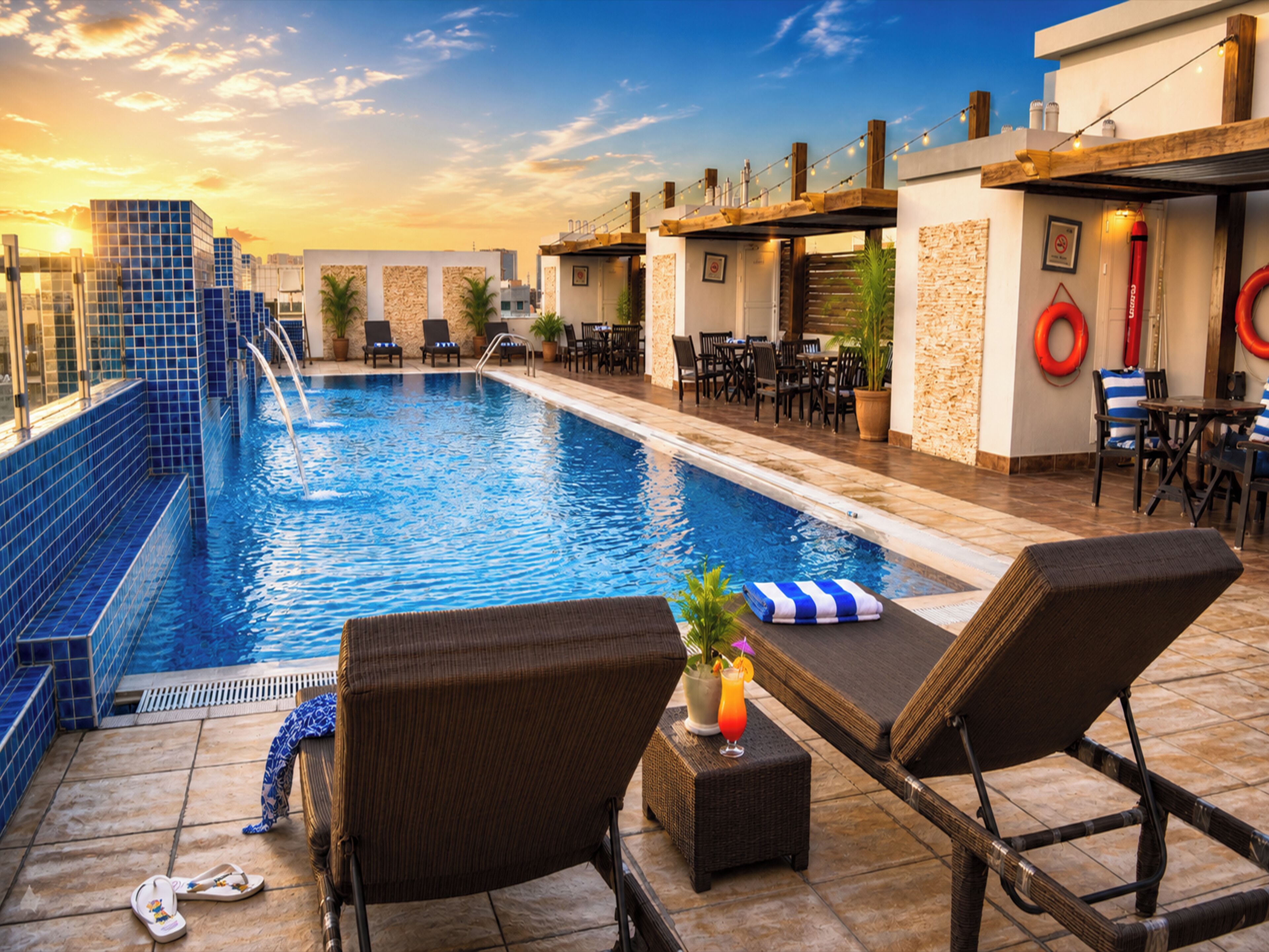 En pool på taket med solstolar, ett område för måltider och utsikt över stadens silhuett.