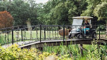 Un carrito de golf sobre un puente en un parque con árboles y follaje.