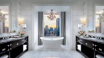 Separate tub and shower, free toiletries, hair dryer, bathrobes
