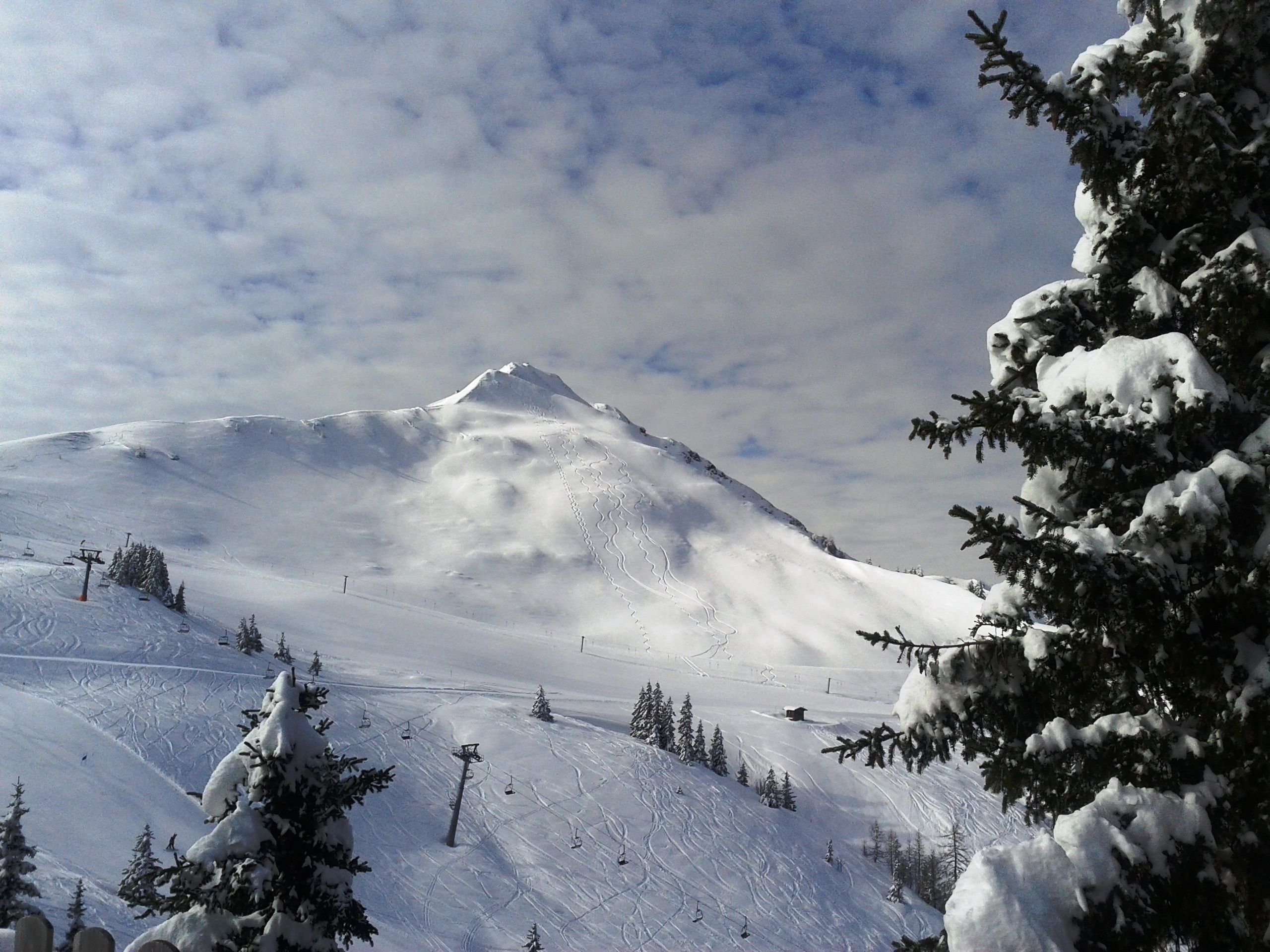 Une montagne enneigée, avec des remontées mécaniques et des arbres.