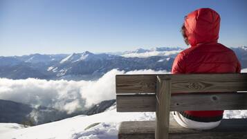 Una persona con una chaqueta roja sentada en un banco de madera contemplando un paisaje montañoso nevado.