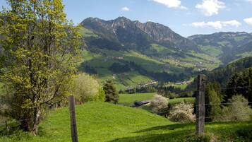 A mountainous landscape with a village nestled in a valley.