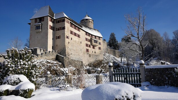 Un castillo histórico con fachada de piedra, múltiples ventanas y una torre redonda.