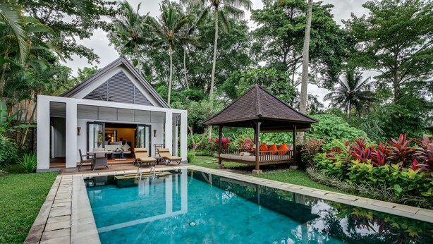 A modern house with a pool, a gazebo, and lush greenery. - The Samaya Ubud (Ubud)
