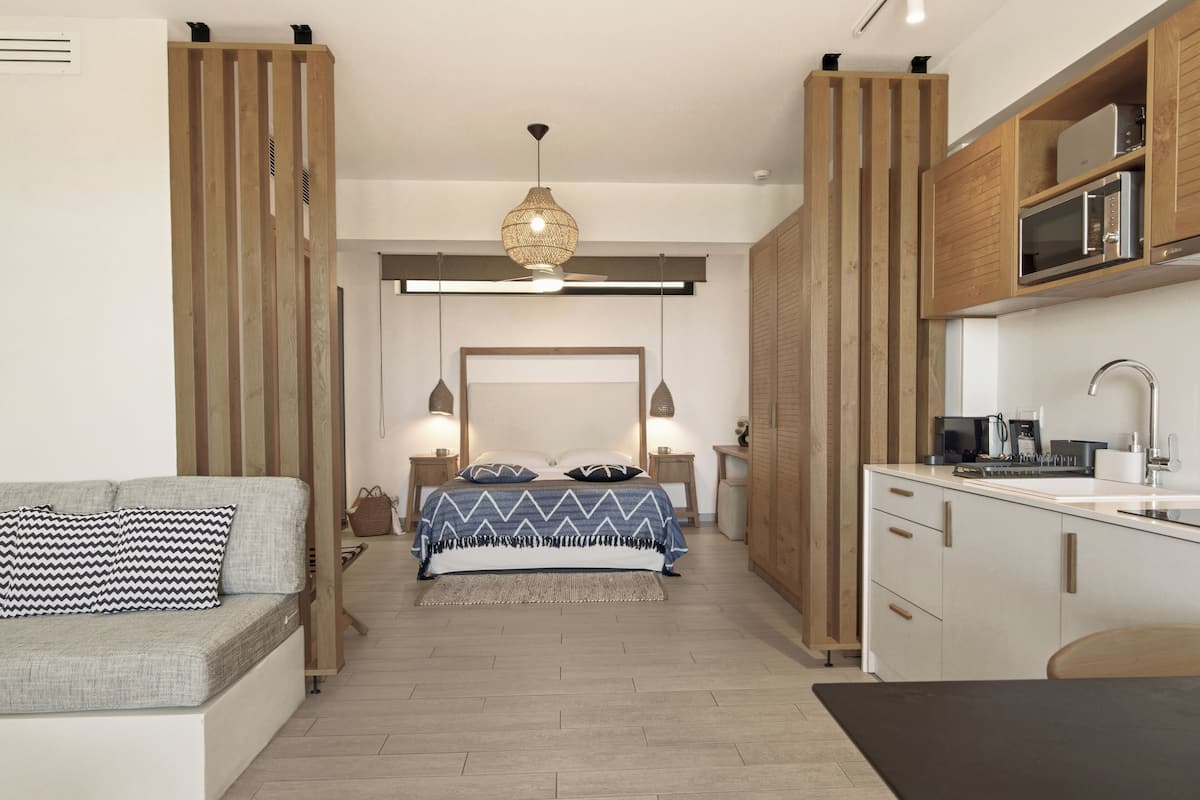 A compact room with a bed, a sofa, a kitchenette, and a ceiling fan.