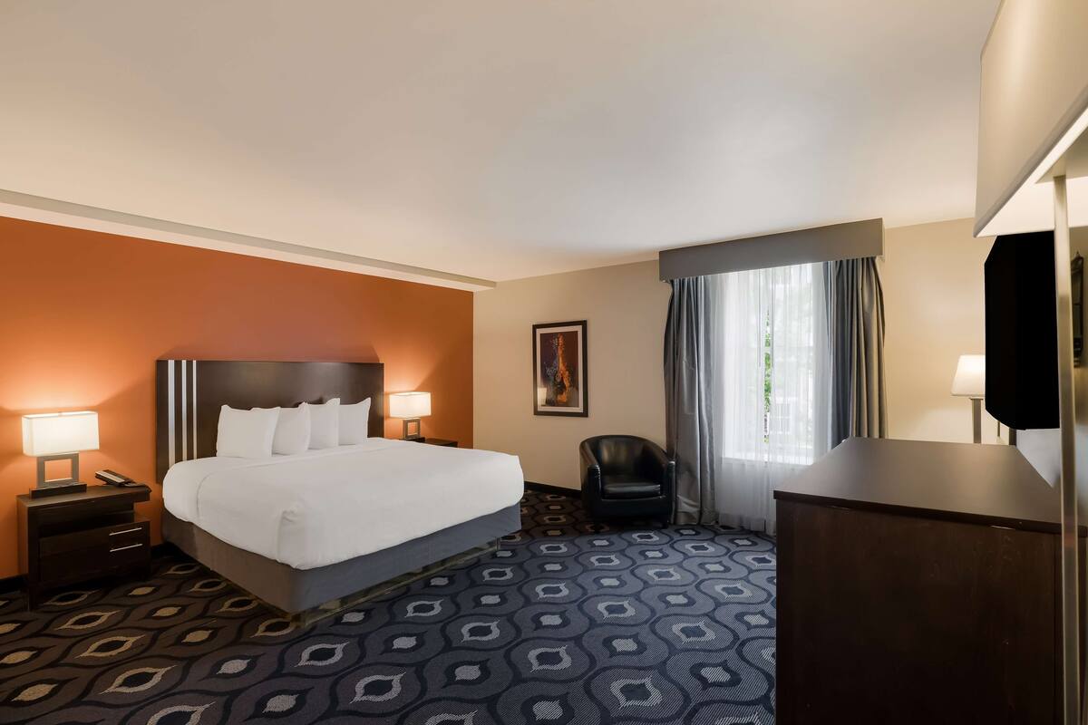 A hotel room with a large bed, a desk, a chair, and a TV.