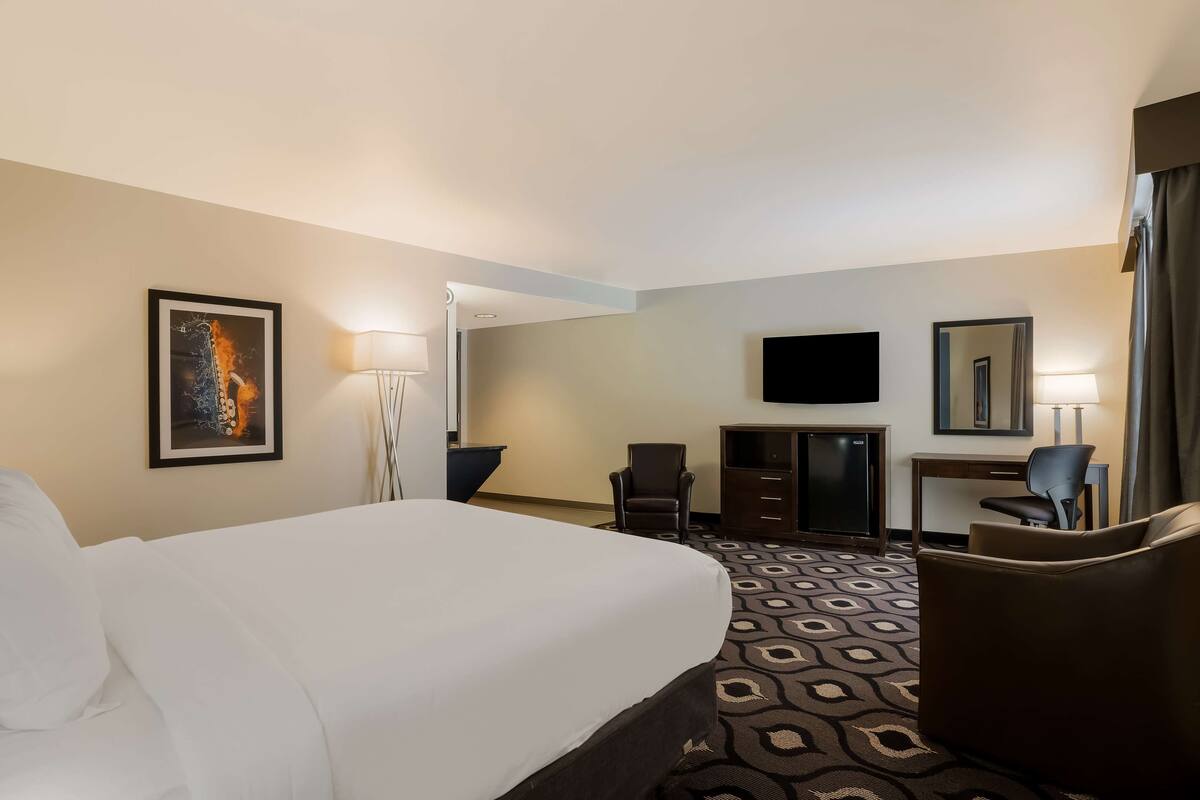 A hotel room with a large bed, a desk, a chair, a television, and a mirror.