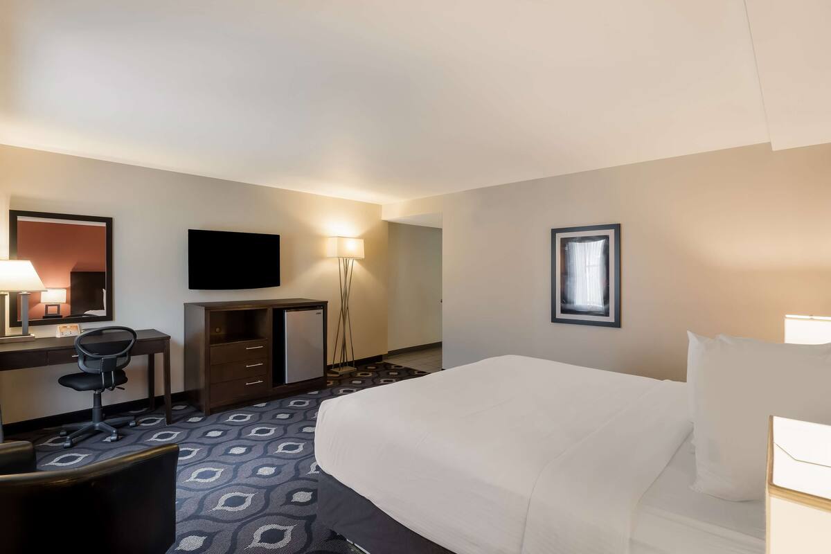 A hotel room with a bed, desk, chair, TV, and a lamp.