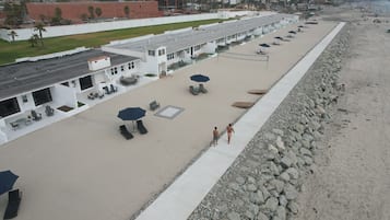 Private beach, beach volleyball, surfing