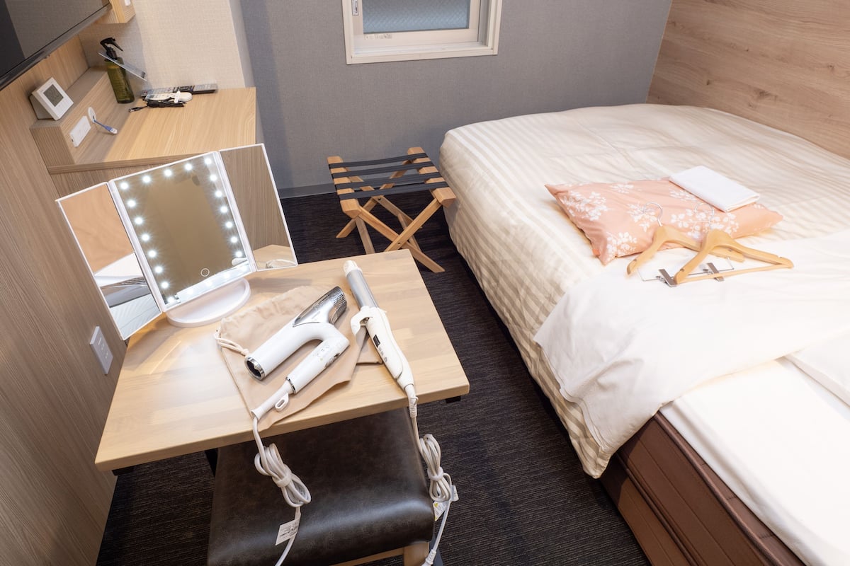 Desk, blackout drapes, soundproofing, iron/ironing board