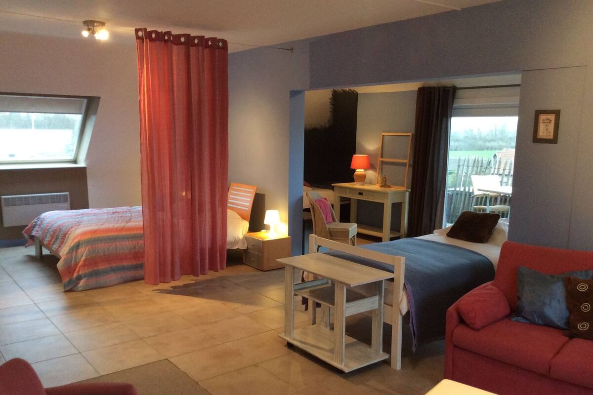 A bedroom with two beds, a desk, a chair, and a red sofa.