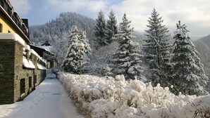 Un sendero cubierto de nieve que lleva a un edificio con paredes de piedra y un balcón.