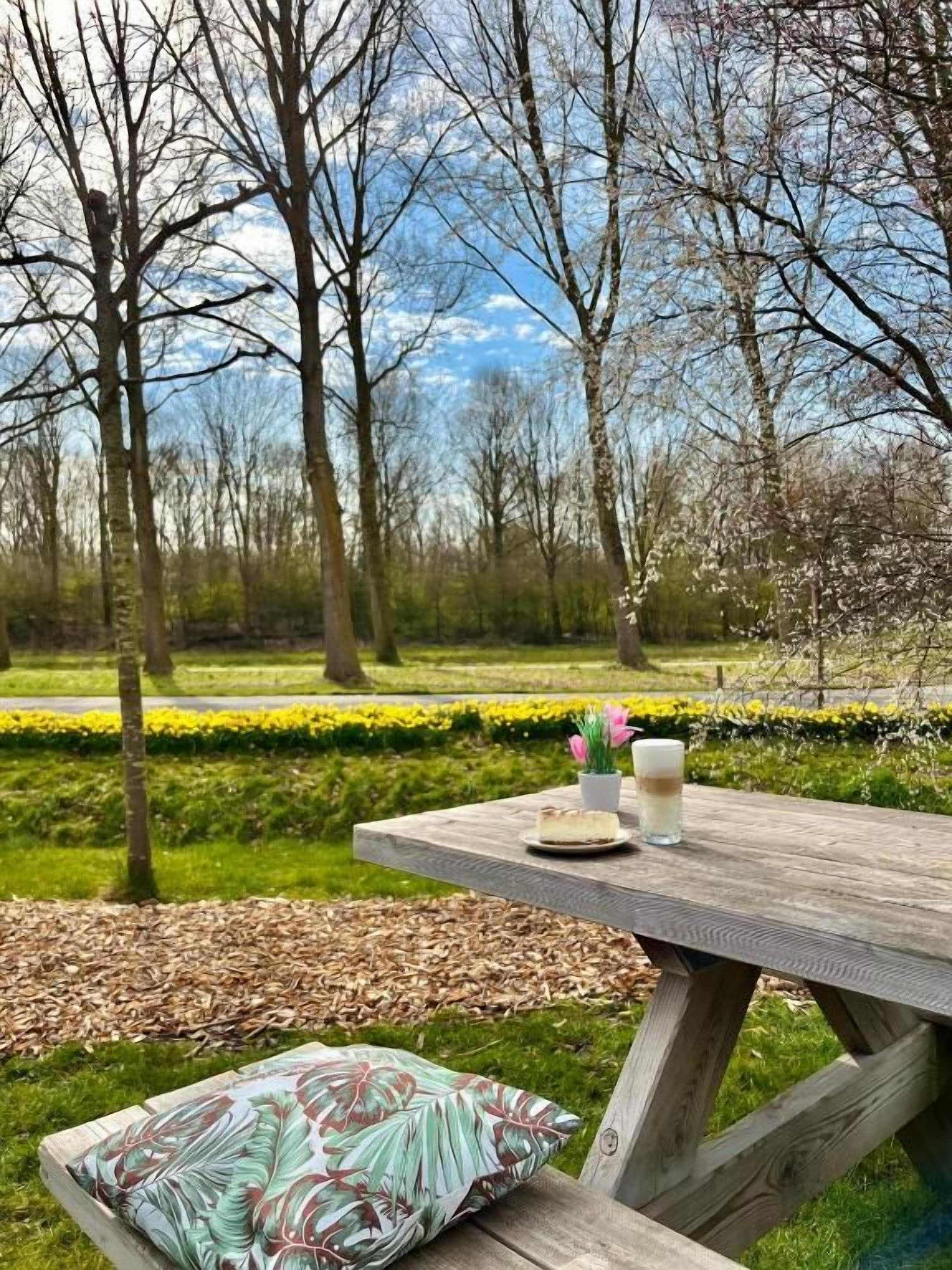 A picnic table with a cushion and a glass of beverage, surrounded by a park with trees and a flower bed.