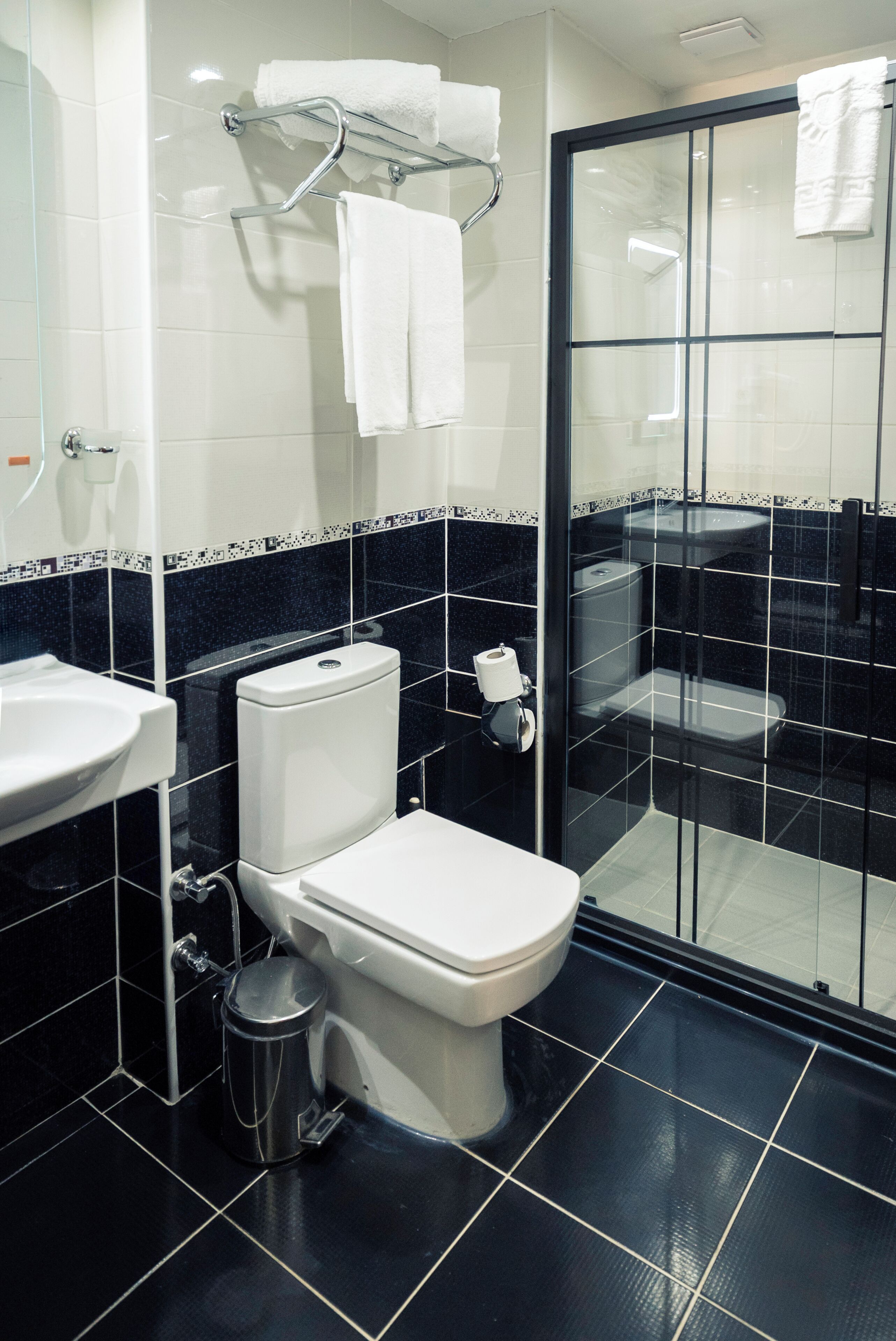 A modern bathroom with a toilet, sink, and glass shower enclosure.