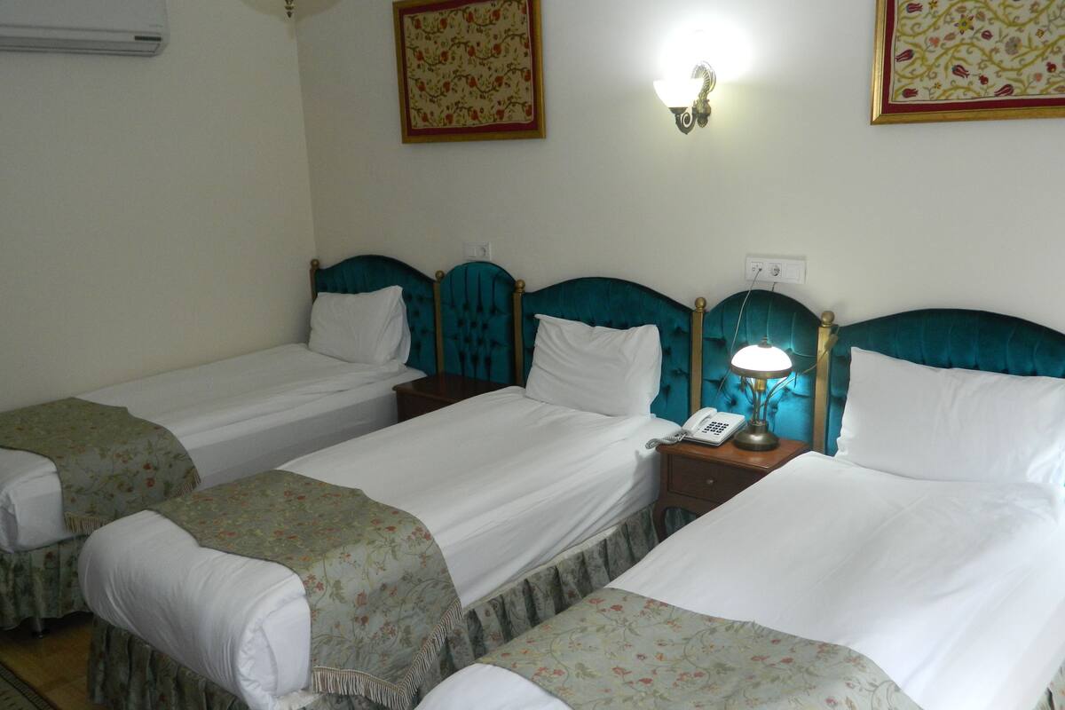 A hotel room with three single beds, each with a floral bedspread and a headboard. There is a bedside table with a lamp and a telephone. The room has a simple, clean design with a wall-mounted light fixture and a framed floral pattern above the beds.