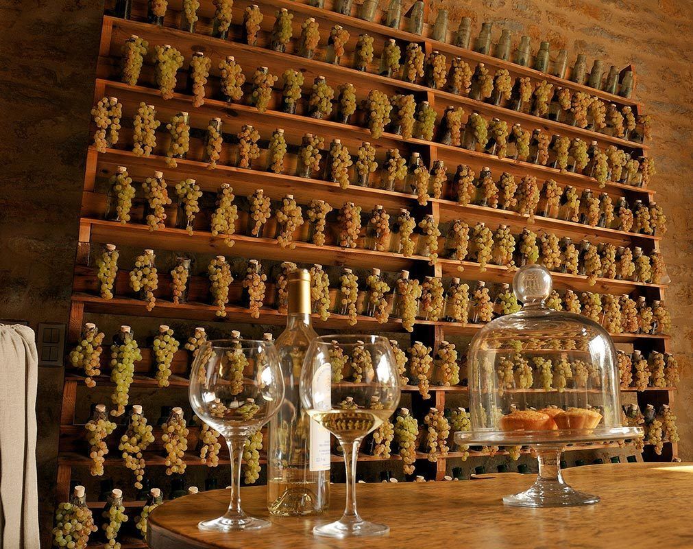 A wine cellar with wooden shelves filled with wine bottles and a glass display case with a pastry.