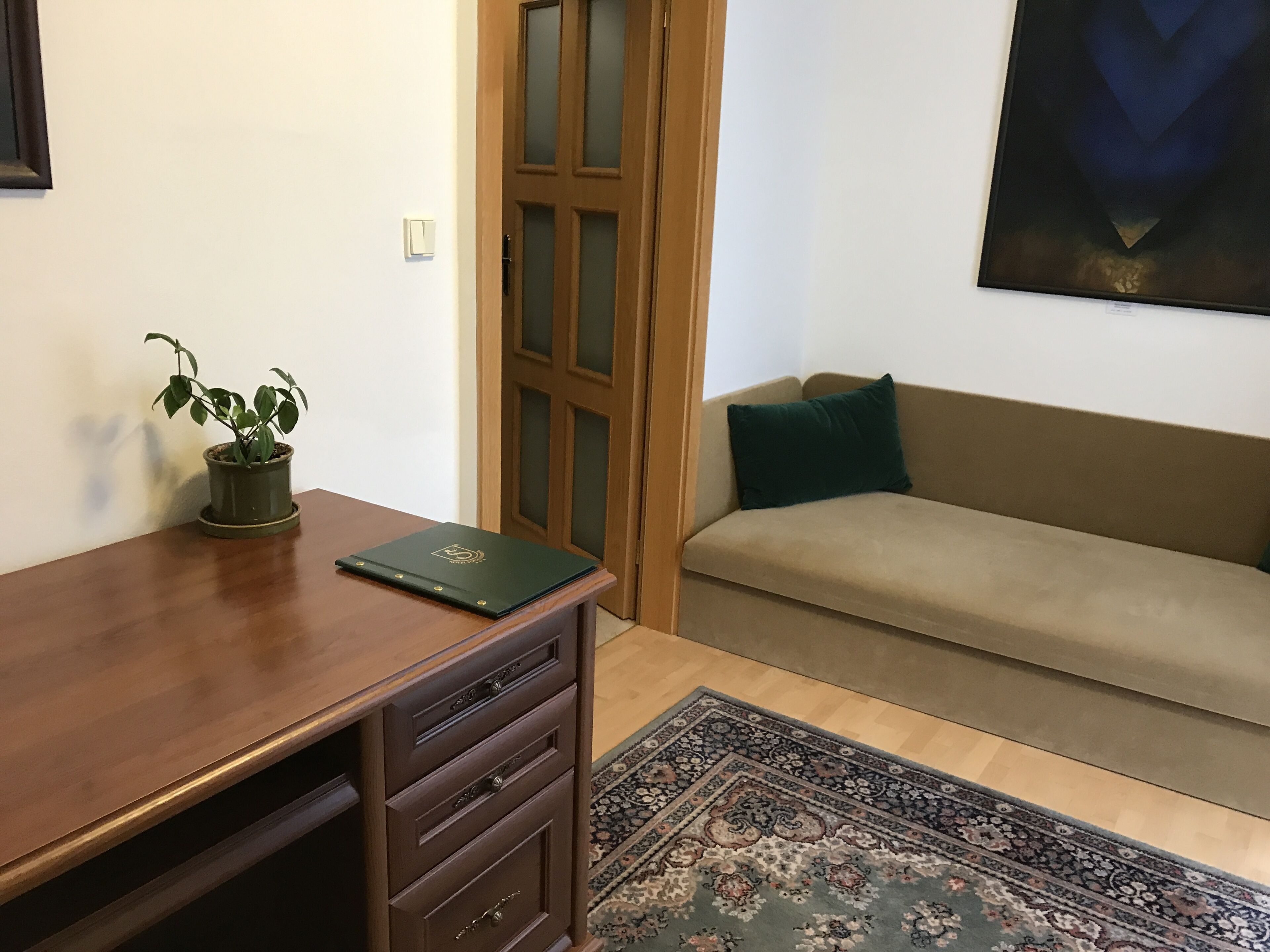 A room with a wooden desk, a potted plant, a sofa with a cushion, and a patterned rug.