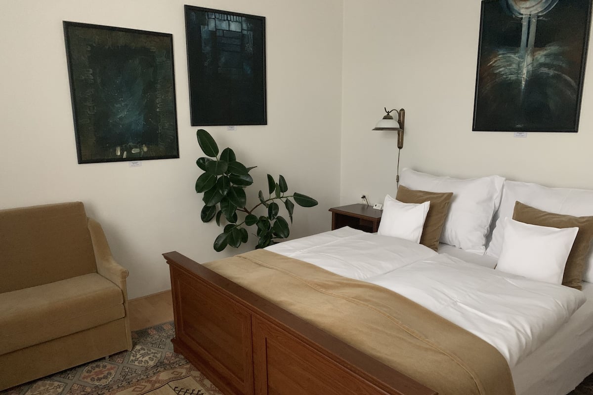 Ein Schlafzimmer mit einem Bett, einem Nachttisch, einer Lampe, einer Pflanze und einem Schlafsofa.