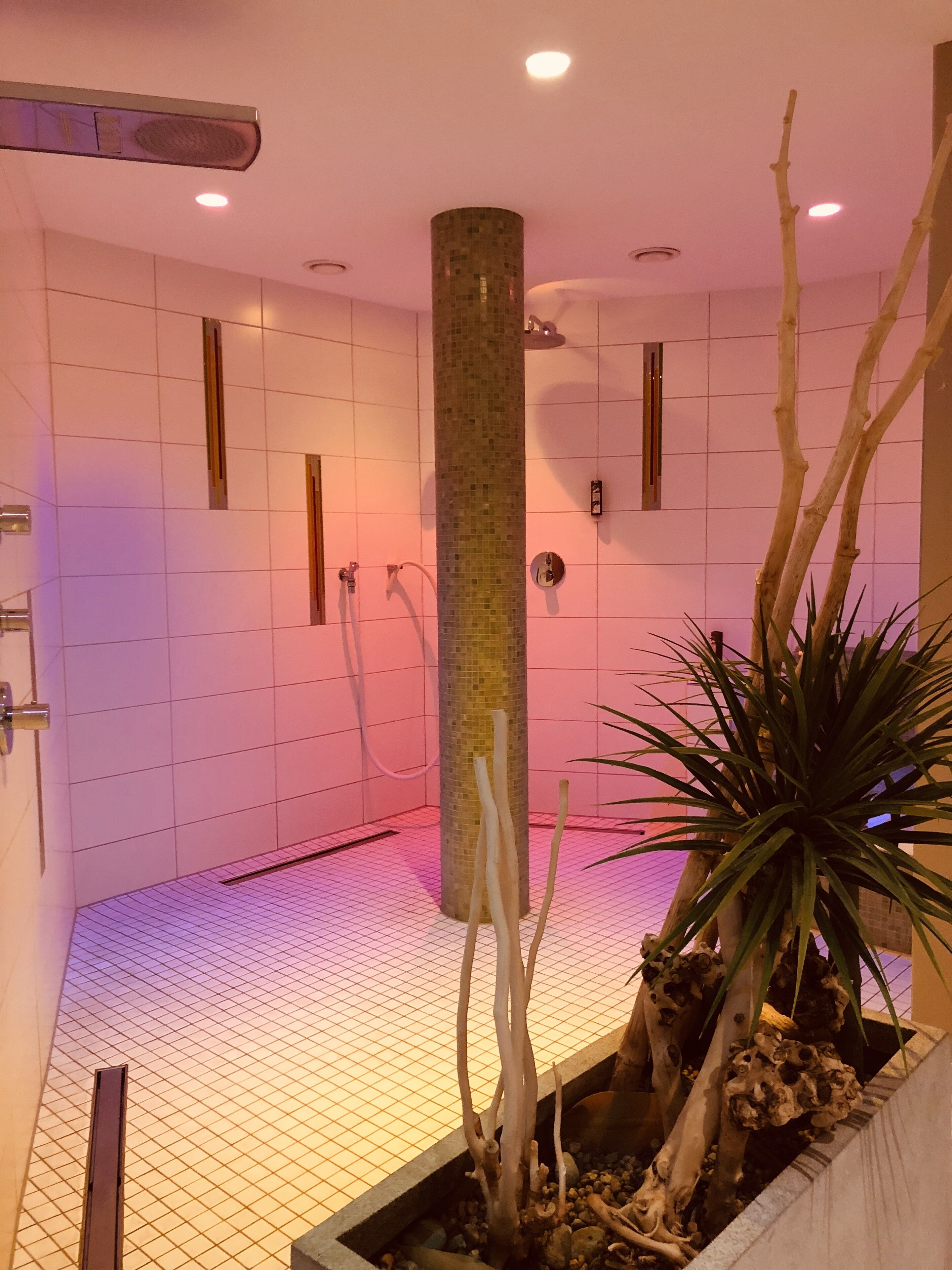 A spa room with a tiled floor, a central pillar, and a plant.