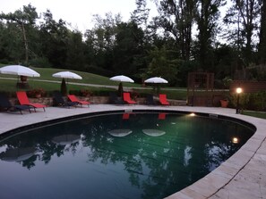 Outdoor pool, pool umbrellas, pool loungers