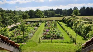 A garden with neatly arranged flower beds and a pathway.