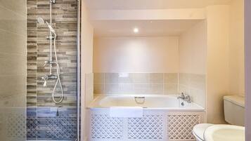 Un baño con ducha envuelta en vidrio, una bañera independiente y un inodoro.