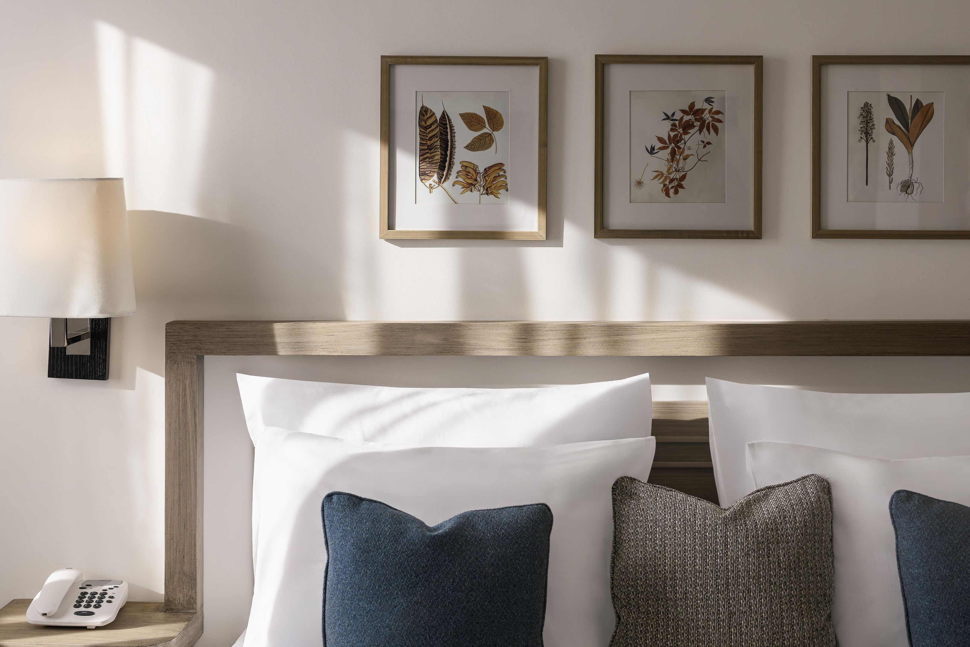 A hotel room with a bed, pillows, a bedside lamp, a phone, and framed botanical prints on the wall.