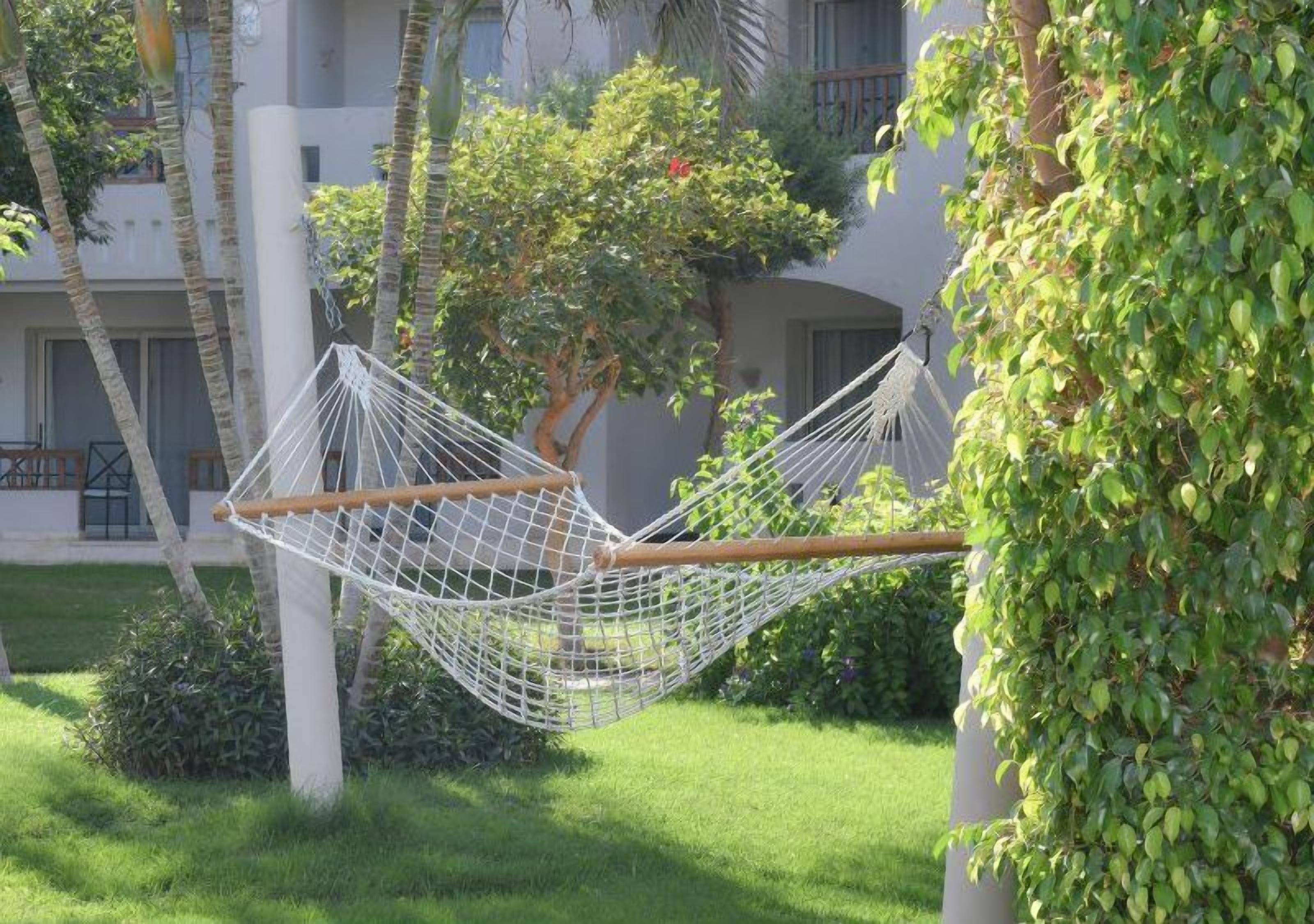 Un hamac dans un jardin, avec un bâtiment en arrière-plan.