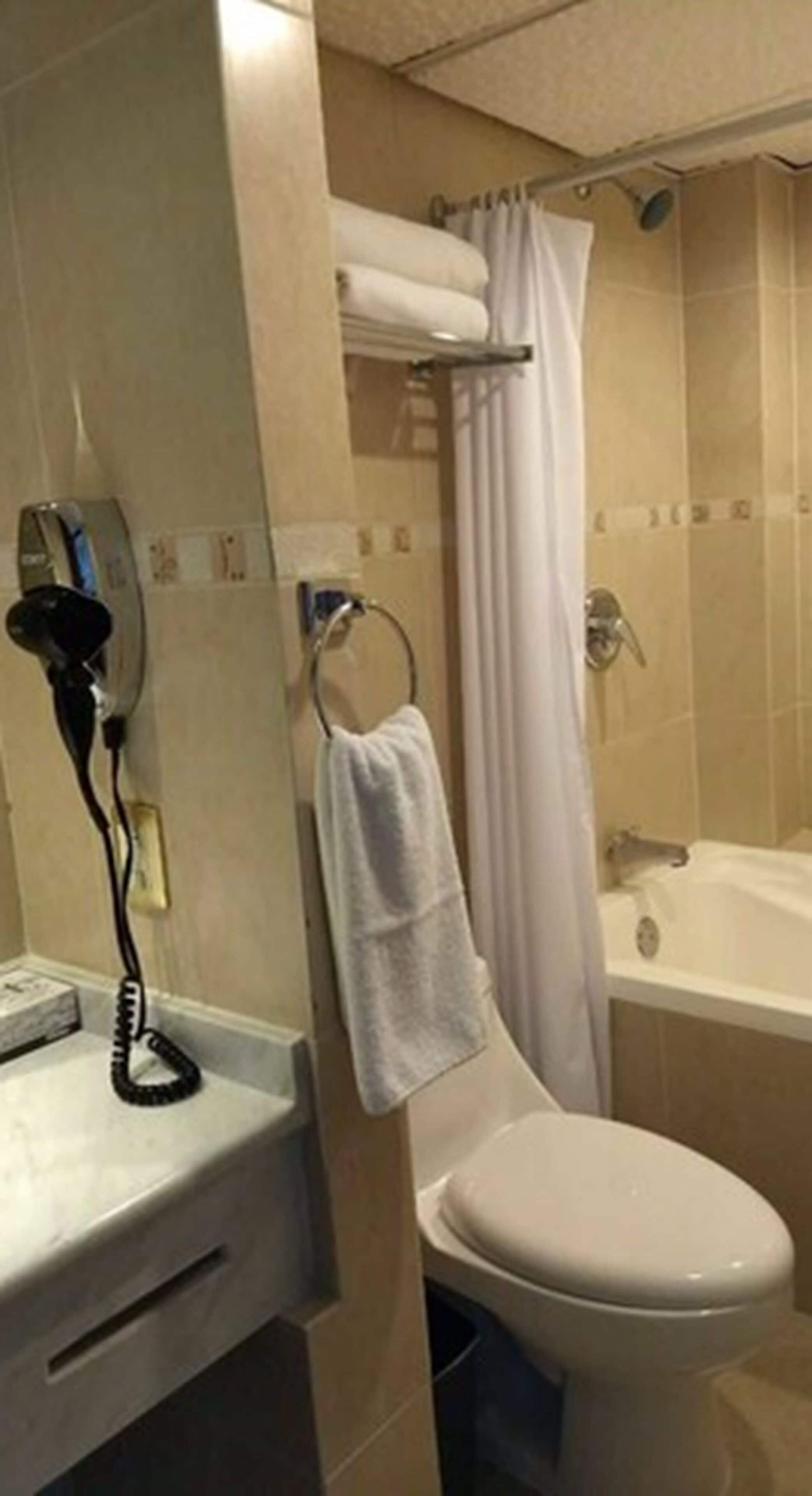 Un baño con inodoro, cortina de ducha y secador de pelo sobre la encimera.