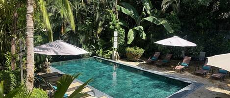 Outdoor pool, pool umbrellas, sun loungers