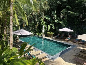 A clear swimming pool surrounded by lounge chairs and umbrellas, with dense tropical foliage in the background. - The Falls by Lalibela (Quepos)