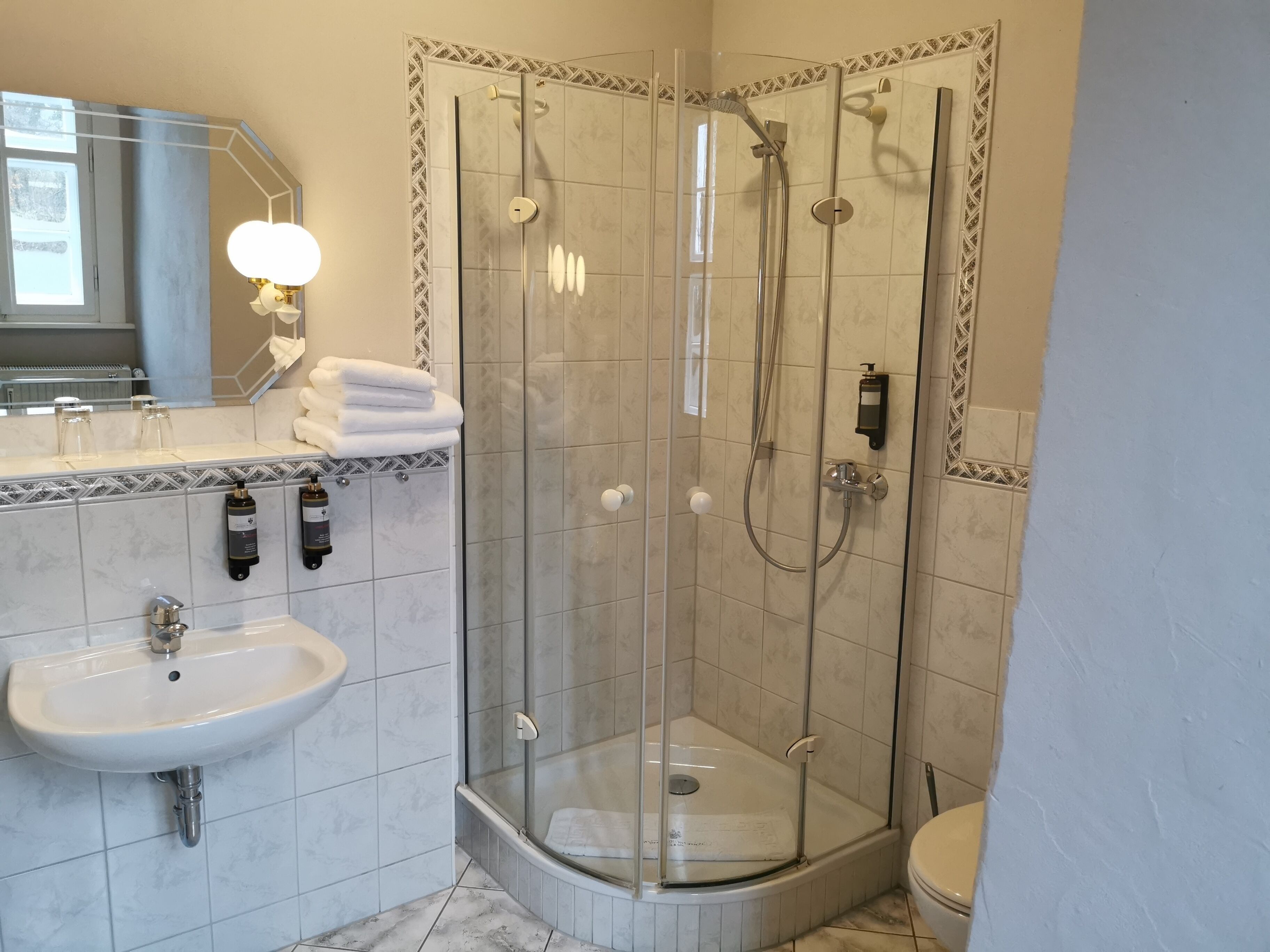 A modern bathroom with a glass-enclosed shower, a sink, and a toilet.