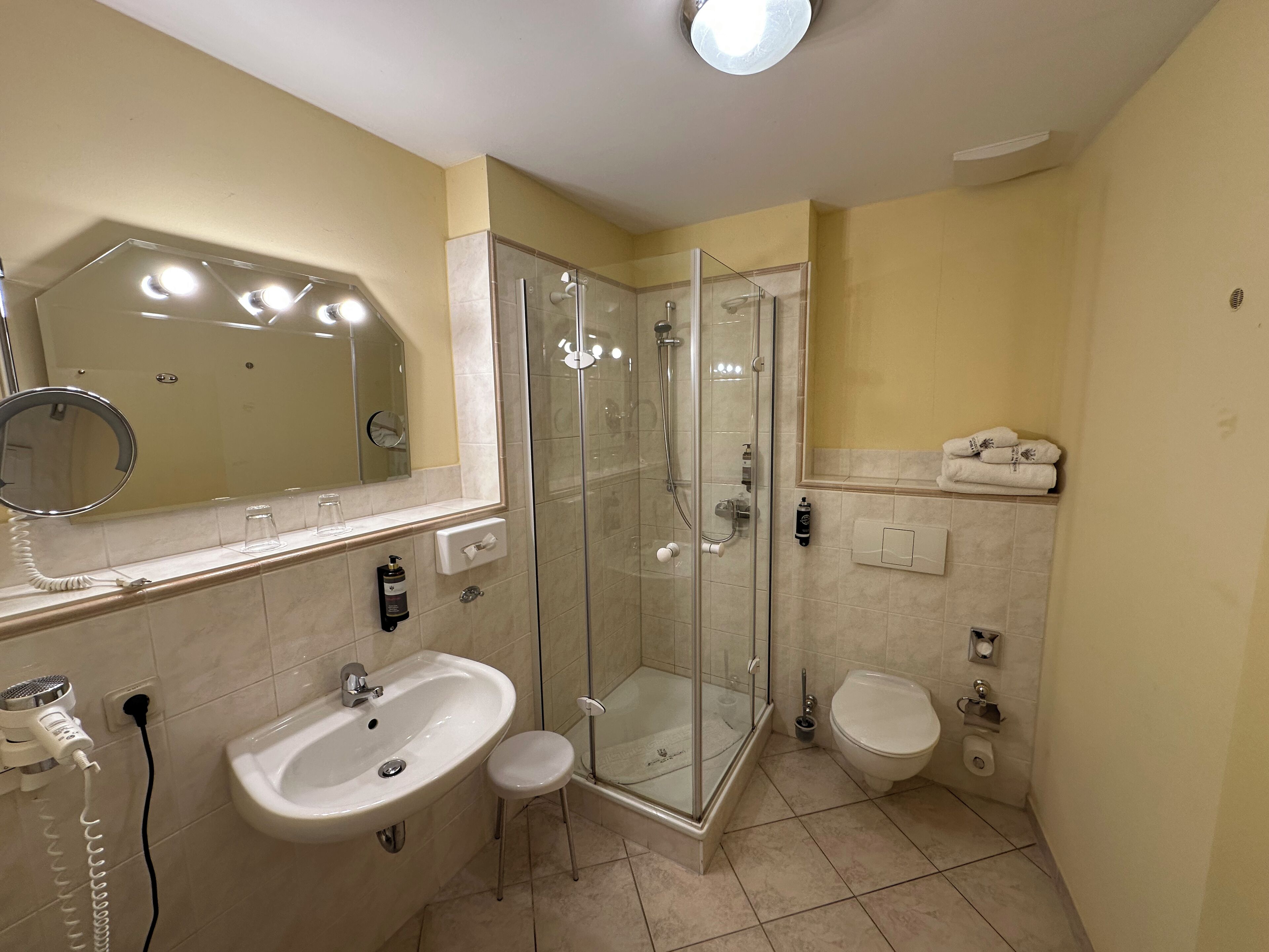 Een badkamer met een glazen douchecabine, een wastafel, toilet en een spiegel.
