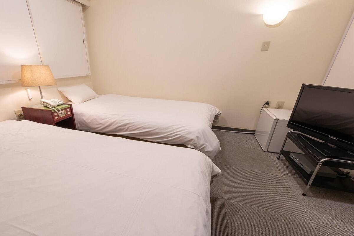 A hotel room with two beds, a bedside table with a lamp, a TV, and a small cabinet.